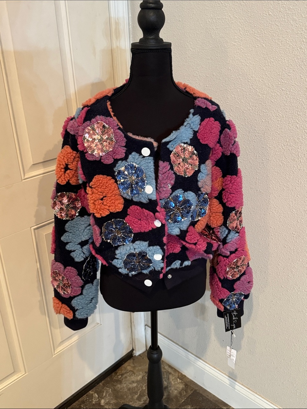 Floral Appliqué Bomber Jacket - Black with Pink, Blue & Orange